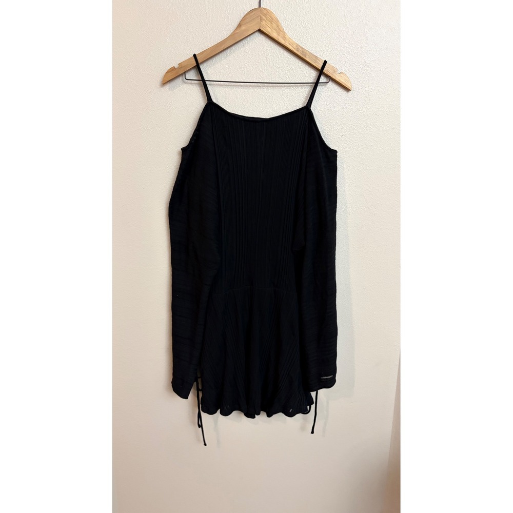 Free People Beach Cold Shoulder Mini Dress S/P Black Ribbed Knit Tie Sleeve Boho